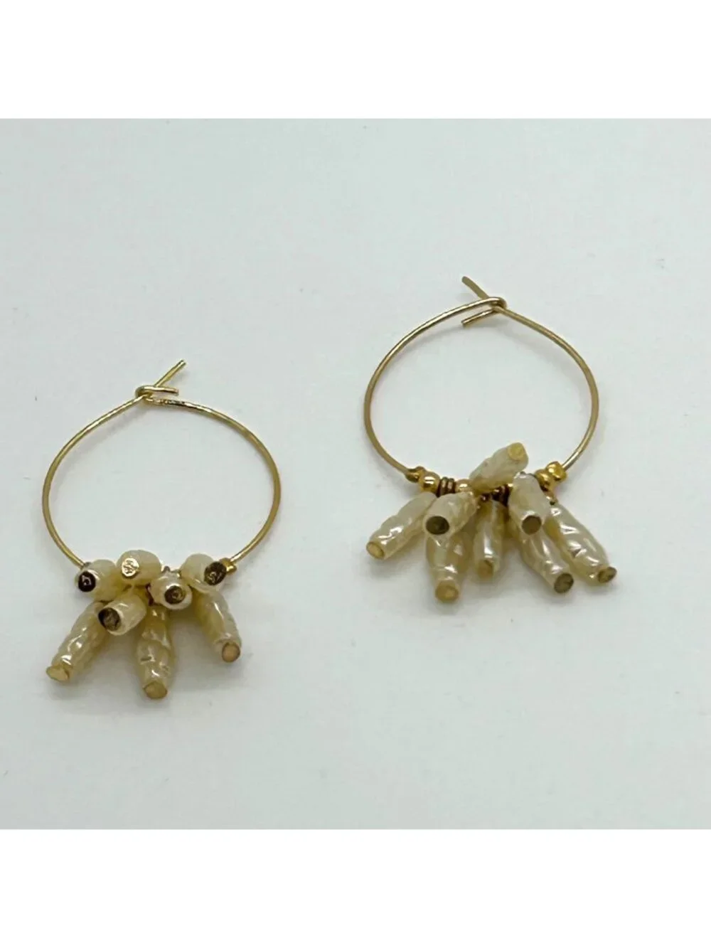 Vintage Gold Tone Hoop Earrings With White Acrylic Stick Pearl Clusters